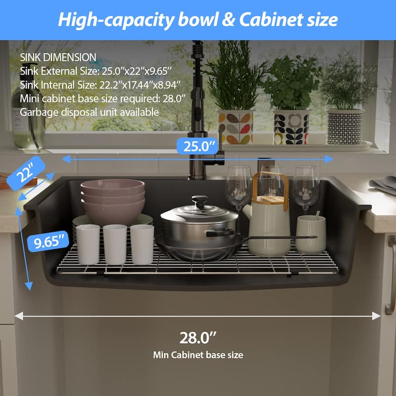 25"/33" Topmount/Drop-in Granite Composite Kitchen Sink Top Counter Single Bowl Sink