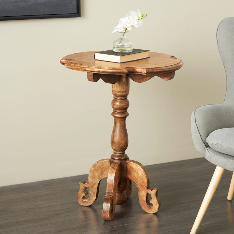 Brown Mango Wood Turned Side End Accent Table with Scrolled Legs and Cutout Tabletop - Brown