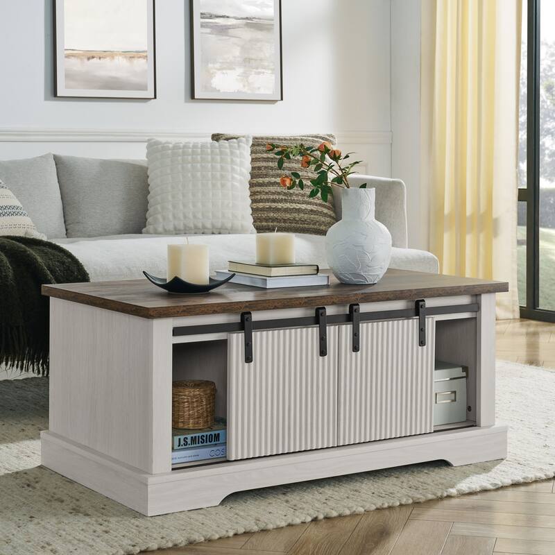 41.3 Inch Coffee Table with Storage and Sliding Wood Door