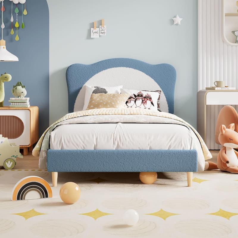Velvet Kids Bed Frame with Adjustable Scallop Headboard, Princess Style Platform Bed, Solid Wood Slats