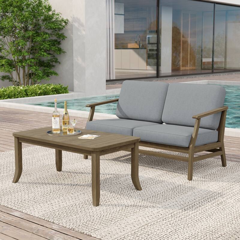 Teak Wood Patio Outdoor Loveseat Sofa and Coffee Table Set