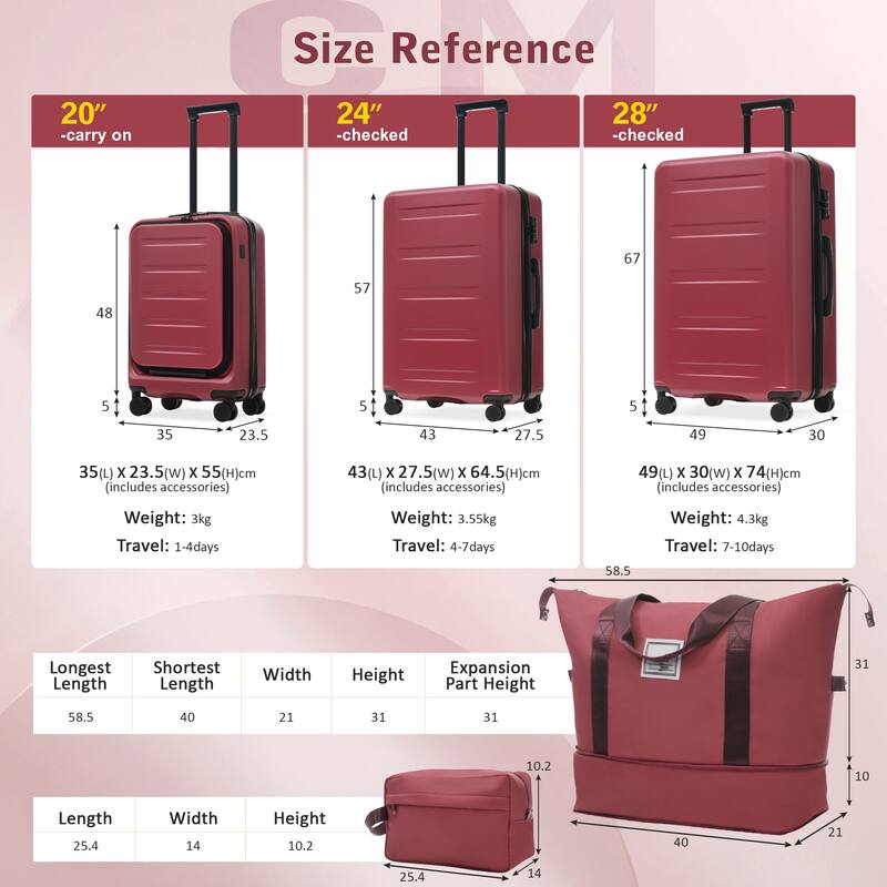 Luggage Sets 5 Piece with Front Opening, Hardside Expandable Carry On Suitcase Set with Double Spinner Wheel, with USB Port