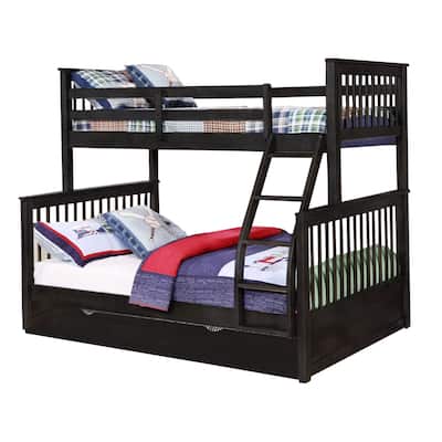 Twin Over Full Bunk Bed with Slatted Details and Trundle, Charcoal Gray