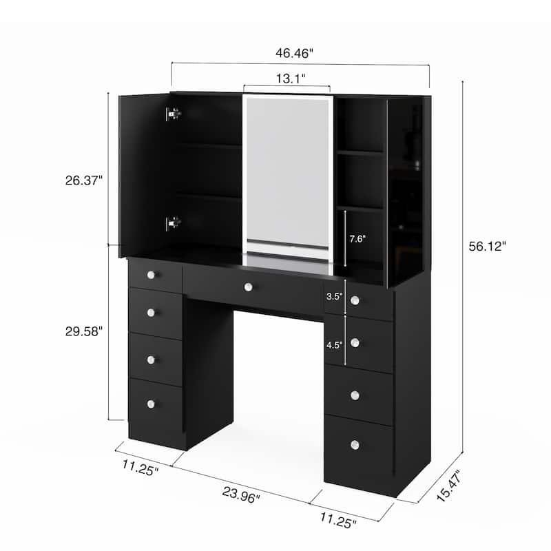 Boahaus w/Tri-Fold Lighted Makeup Vanity Desk With Glam Glass Top 9 Drawers Crystal knobs