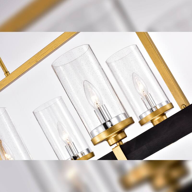 Wood and Metal 6-light Linear Chandelier with Seeded Glass Shades Gold / Black