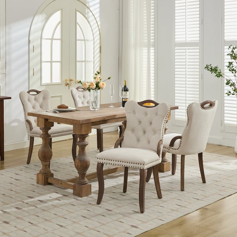 Modern Velvet Dining Chair with Solid Wood Legs, Set of 2 - Beige