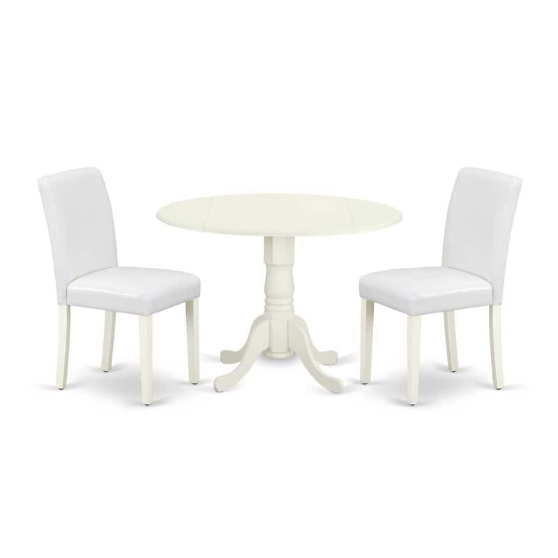 Round Dining Table Set - 42" Table w/ 2 Chairs - Linen White & PU Leather - Modern Dinette Set