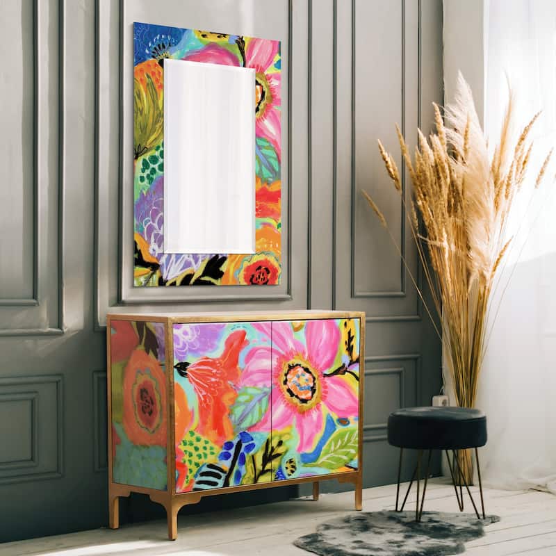 "Secret Garden Floral" Reverse Printed Beveled Art Glass Cabinet Console Table and Mirror Set