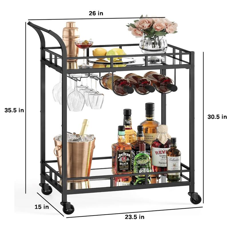 Home Bar Cart with 2 Mirrored Shelves, Wine Holders, and Glass Holders