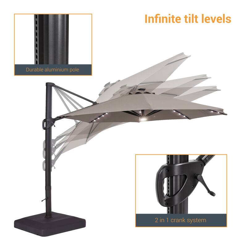 LIVOOSUN 11Ft LED Patio Hanging Octagon Cantilever Umbrella with 360-degree Rotating Canopy