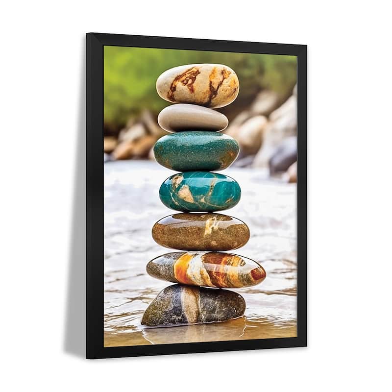 Zen Balancing Seid Stacking Stones On A Riverbank - I Premium Framed Poster by OLena Art