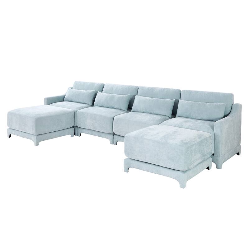 141.7" Chenille 4-Seater Sofa with Movable Ottoman & Solid Wood Frame