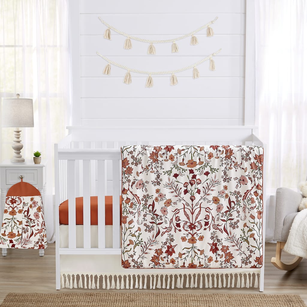 Sweet Jojo Designs Ivory and Orange Boho Vintage Floral Girl 4p Nursery Crib Bedding Set Bohemian Rust Botanical Green Fringe