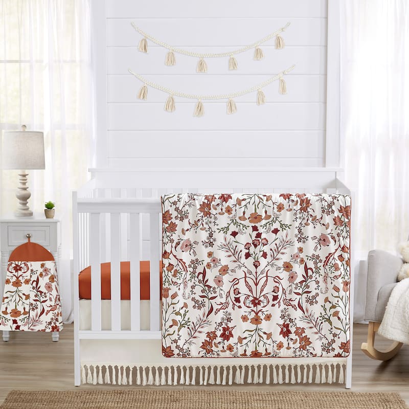 Sweet Jojo Designs Ivory and Orange Boho Vintage Floral Girl 4p Nursery Crib Bedding Set Bohemian Rust Botanical Green Fringe