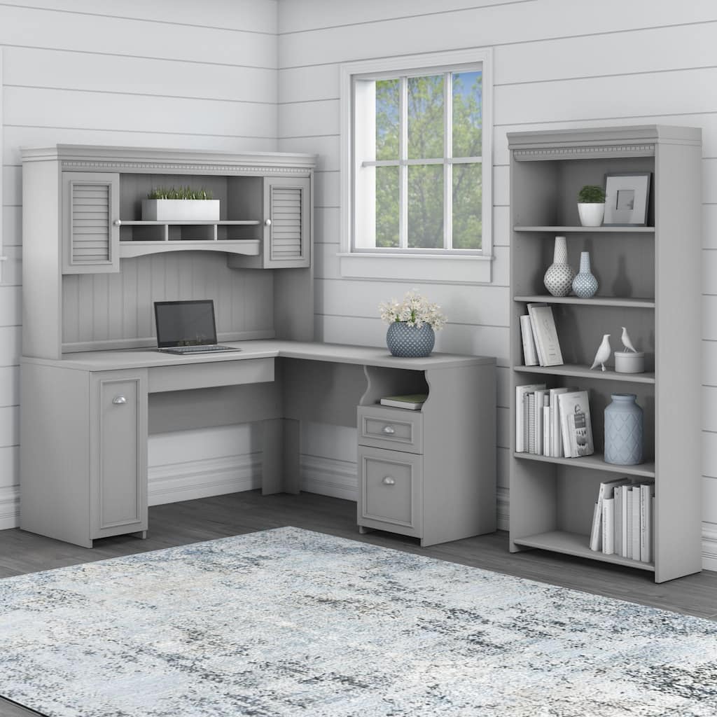 Fairview 60W L Shaped Desk with Hutch and Bookcase by Bush Furniture