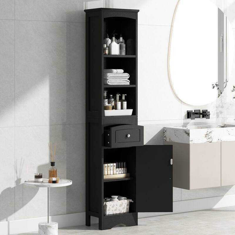 GDFStudio - Tall Bathroom Wooden Storage Cabinet, Freestanding with Drawer, Adjustable Shelf