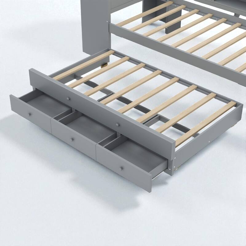 Twin/Full Size Wood Daybed with Trundle, Storage Drawers, Shelves and Built-in Desk, No Box Spring Needed