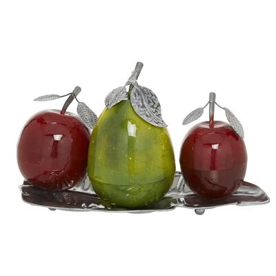 Metal Fruit Decorative Sculpture with Platter - Multi Colored or Red - Roche River Decor