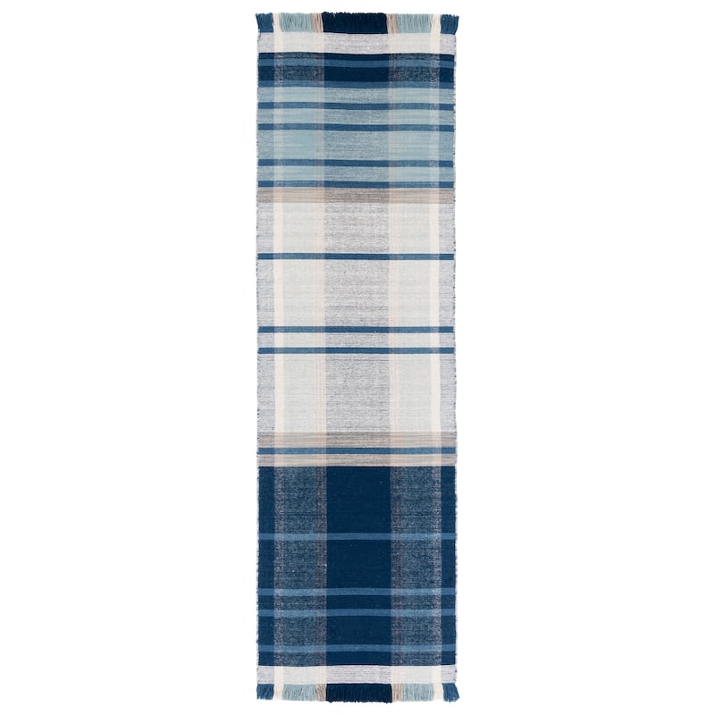 SAFAVIEH Striped Kilim Sharareh Wool Fringe Rug - 2'3" x 8' Runner - Blue/Beige