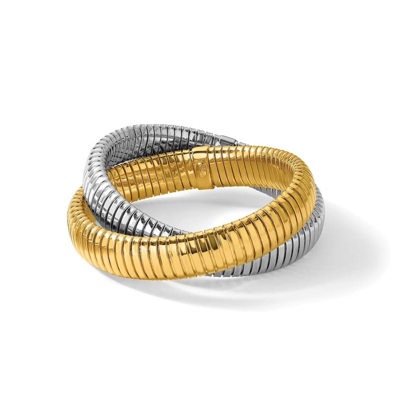 Curata 925 Sterling Silver 7.5" 12.5mm Italian Two-tone Tubogas Stretch Bangle Bracelet