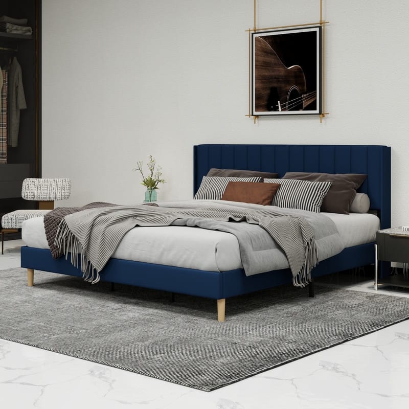 Caxkun Upholstered Platform Bed Frame with Wingback headboard - Blue - King