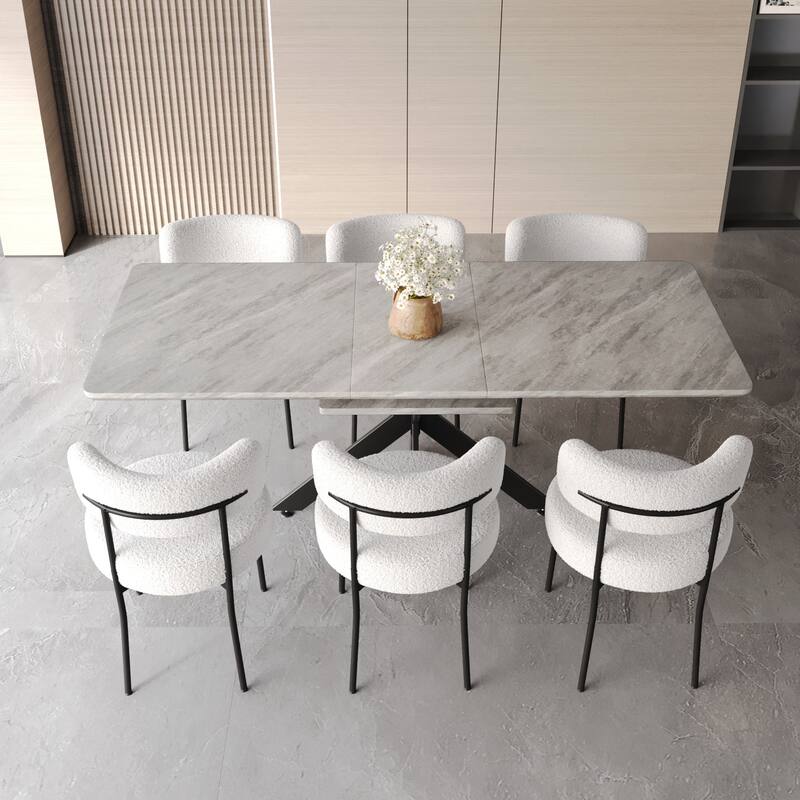 Upholstered Armless Chairs with Curved Backrest, Grey Extendable Rectangular Dining Table, Stylish Table and Chair Set for 6