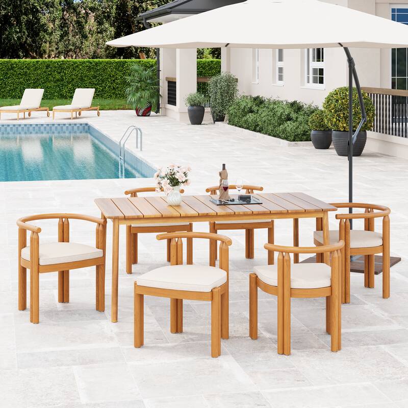 Roomfitters Outdoor Dining Set 7 Piece Solid Acacia Wood Table Arm and Armless Chairs, Teak Beige