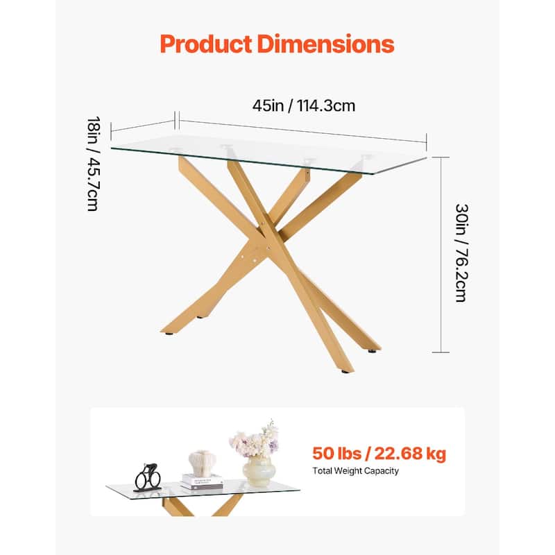 Modern Glass Coffee Table with Iron Cross-Legs for Living Room - 45 x 18 x 30 in