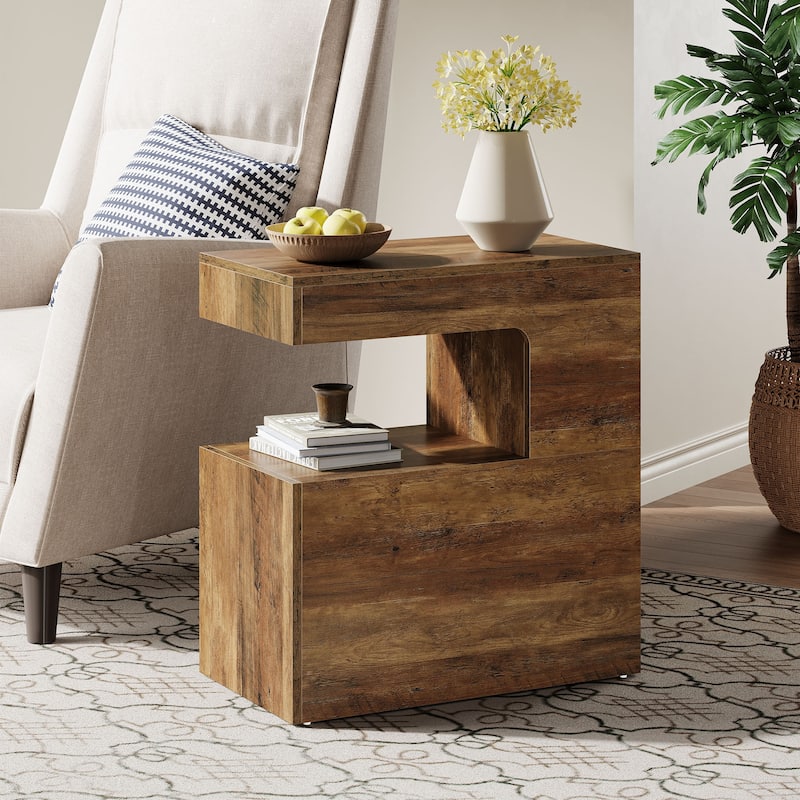 C-Shaped End Table, Couch Side Table with 2-Tier Storage Shelf