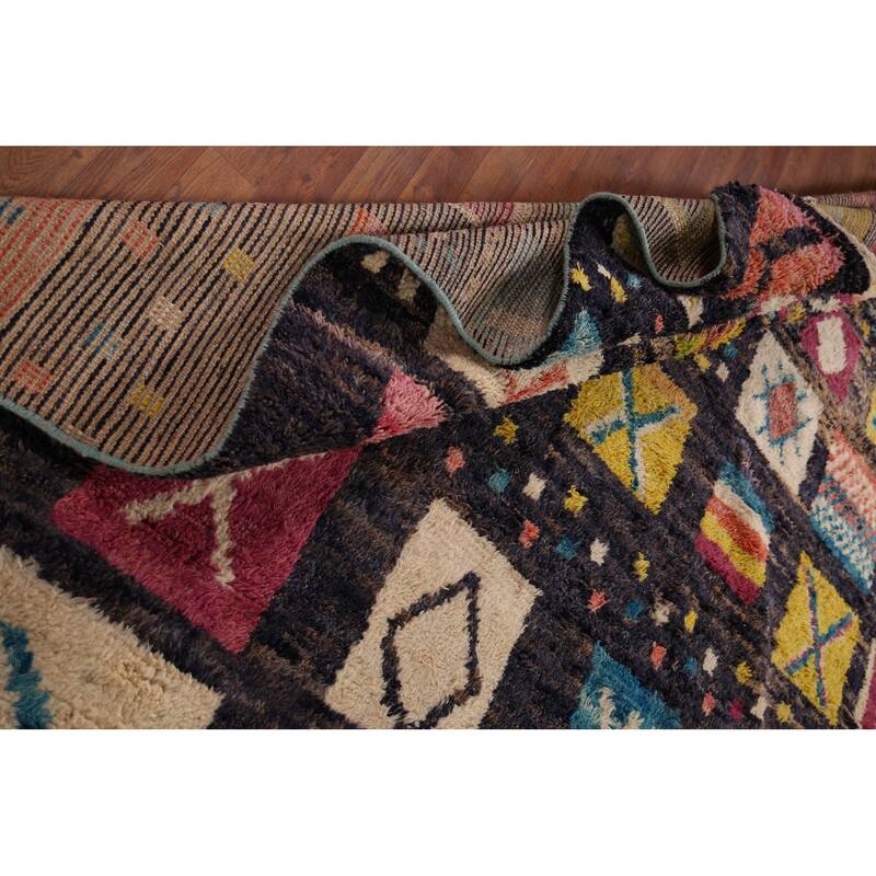 All-Over Black Plush Large Moroccan Area Rug Handmade Wool Carpet - 9'9" x 15'1"