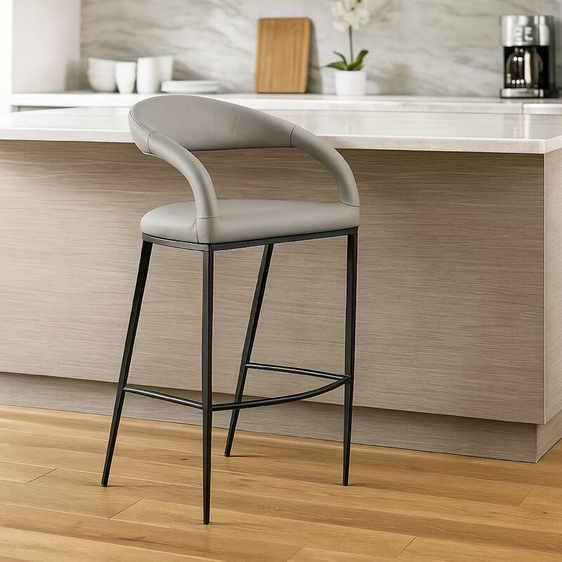 Monie Barstool Chair, Curved Floating Back, Light Gray Faux Leather