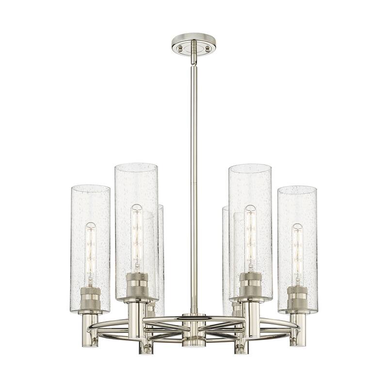 Innovations Lighting Crown Point - 6 Light 24" Stem Hung Chandelier with 12" Shade - Polished Nickel/Seedy