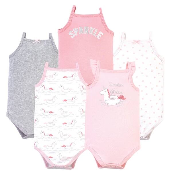 slide 1 of 1, Hudson Baby Infant Girl Cotton Sleeveless Bodysuits 5pk, Unicorn Float 0-3 Months - Unicorn Float