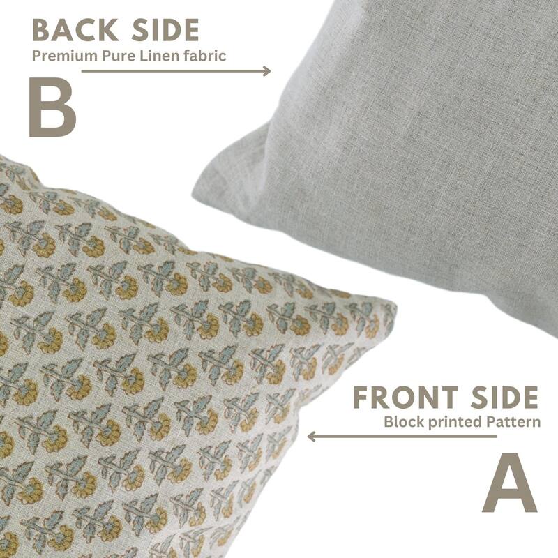 Fabdivine 12x20 Handmade Pure Linen Cushion Cover Floral Mustard Ideal for Sofa, Floral Block Print, Accent Décor, Bagru Buti