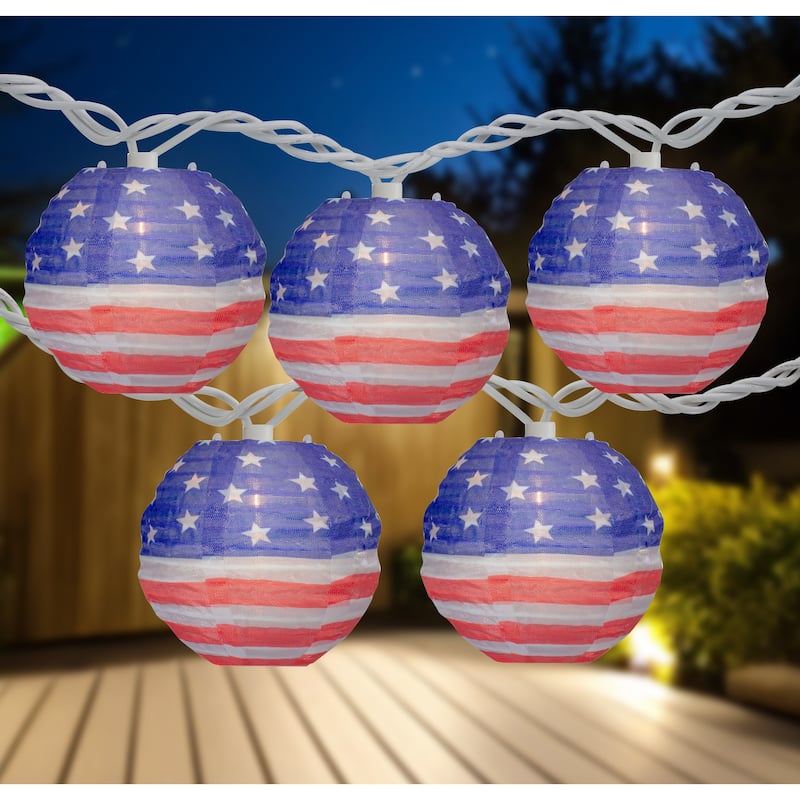 American Flag Paper Lantern Patriotic Patio Lights - 8.5' - White Wire - 10ct - Red