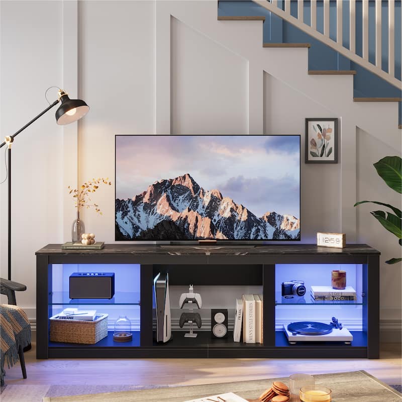 70-Inch LED TV Stand with Tempered Glass Shelves and Open Cabinet - 71 in