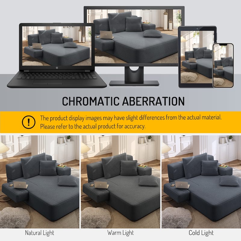 Luxurious Plush Corduroy Chaise Lounge Convertible Sofa Bed with Storage Pocket and Wide Armrests