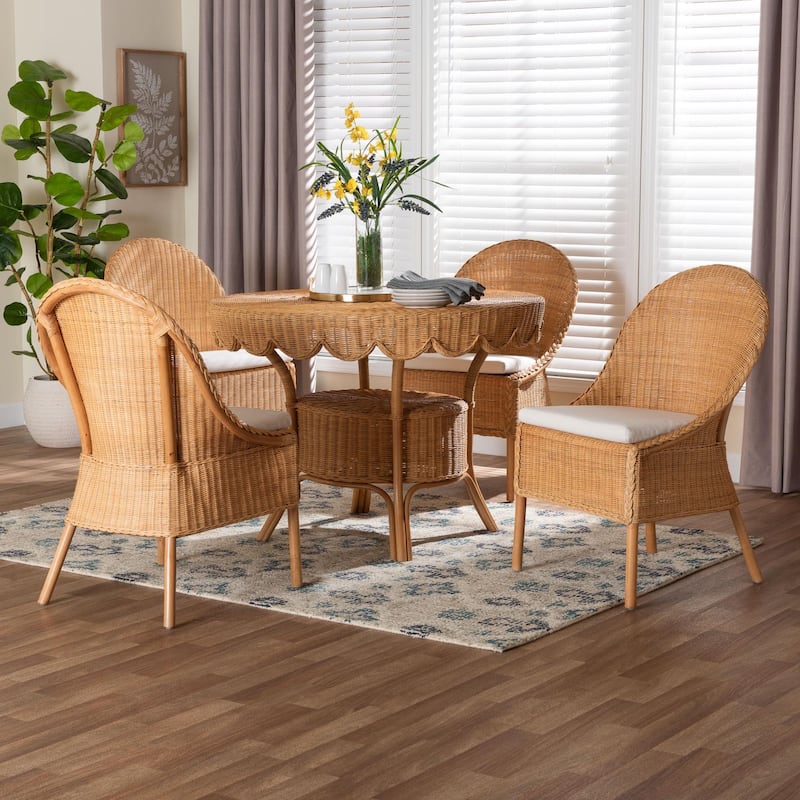 Tyrone 5-Piece Rattan Dining Set - Round Wicker Table with Scallop Edge and 4 Side Chairs, Woven Boho Coastal Style for Dining