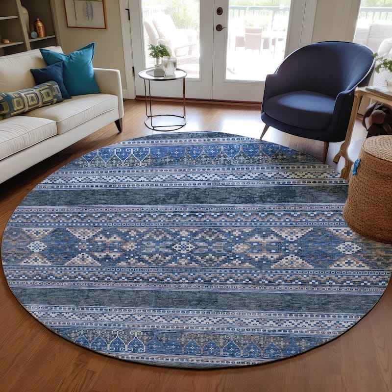 Machine Washable Indoor/ Outdoor Chantille Tribal Boho Rug - Navy - 8' x 8'