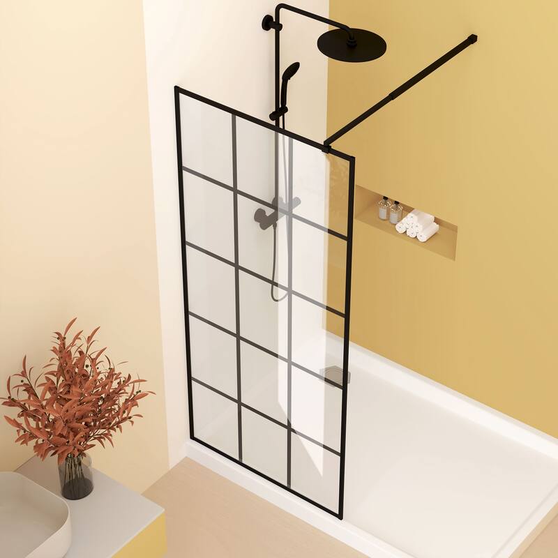 GDFStudio - Emerson Frameless Style Shower Screen with Silk-Printed Tempered Glass and Support Bar - 34" Width x 72"Height