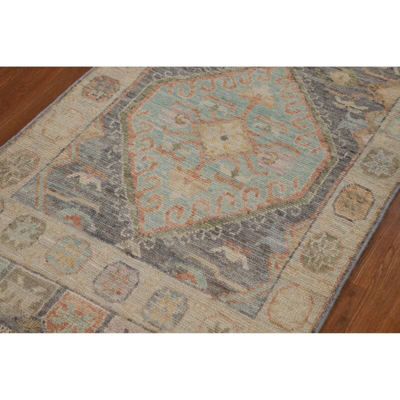 Hand Knotted Oriental 100% Wool Carpet Transitional Geometric Greys & Charcoal Oushak Area Rug - 6' 3'' X 2' 8''