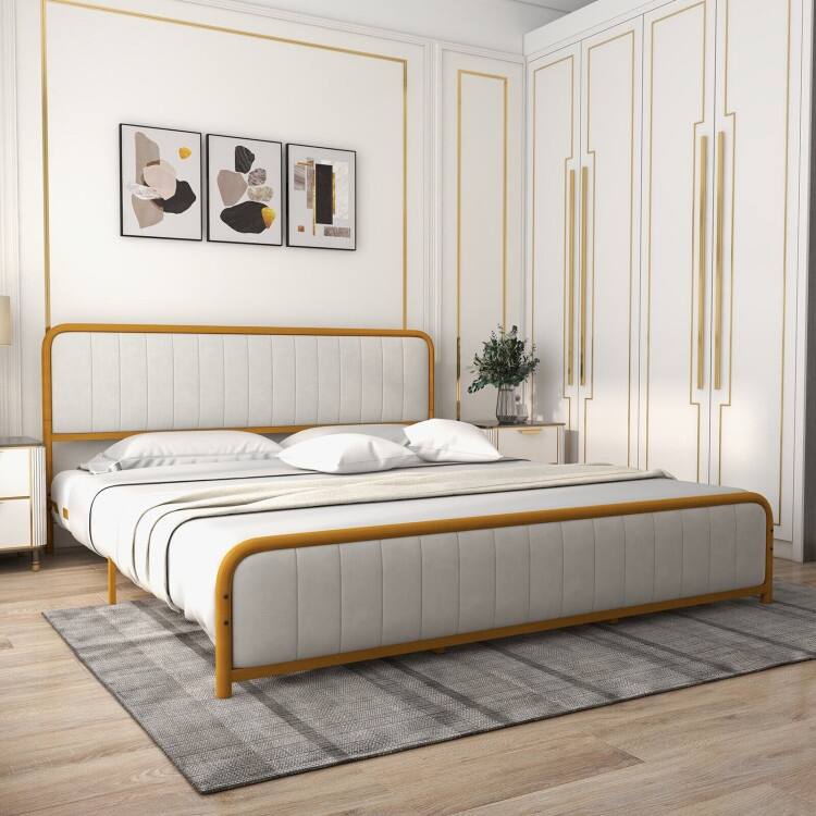 Upholstered Gold Platform Bed Frame with Velvet Headboard