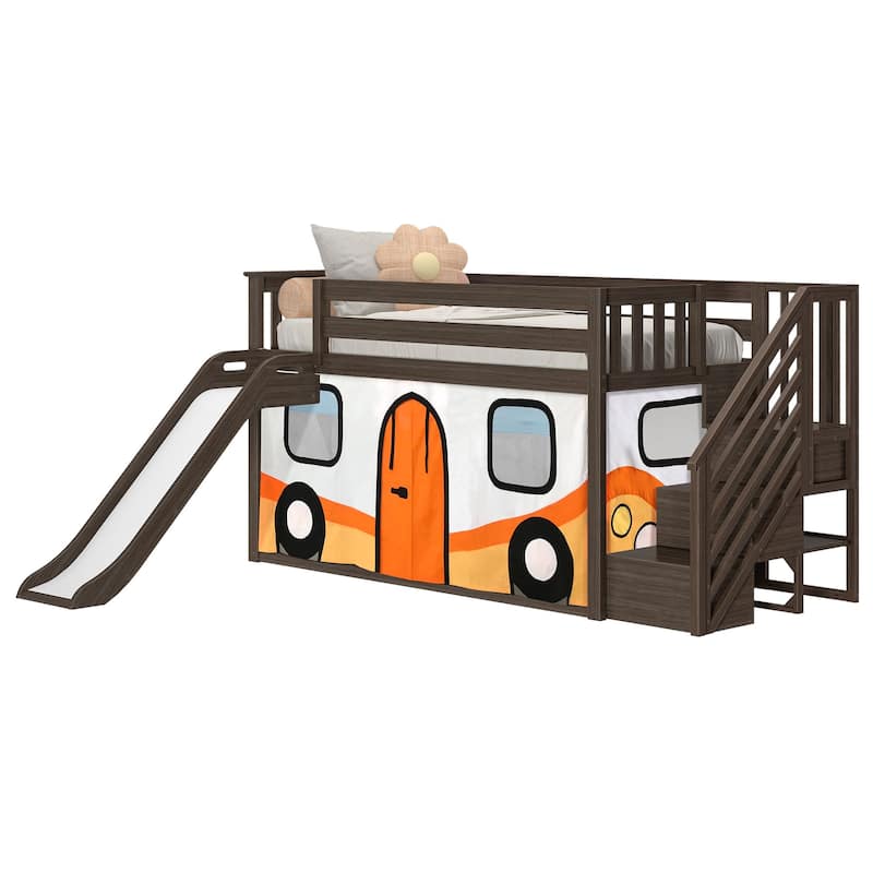 Max and Lily Classic Low Bunk with Stairs, Easy Slide and Curtain