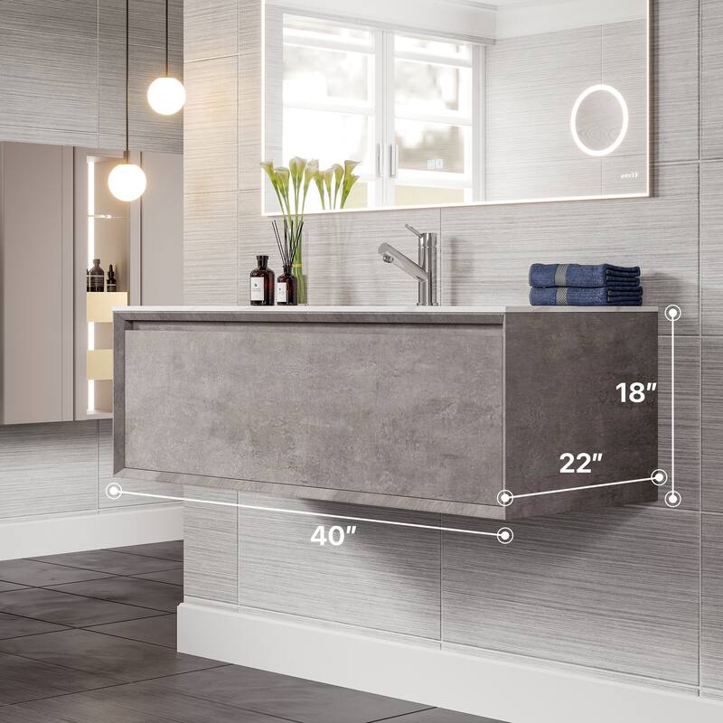 Aurora 36 in. Concrete Gray Wall Mount Single Sink Bath Vanity with Carrara Quartz Top and Undermount Porcelain Sink