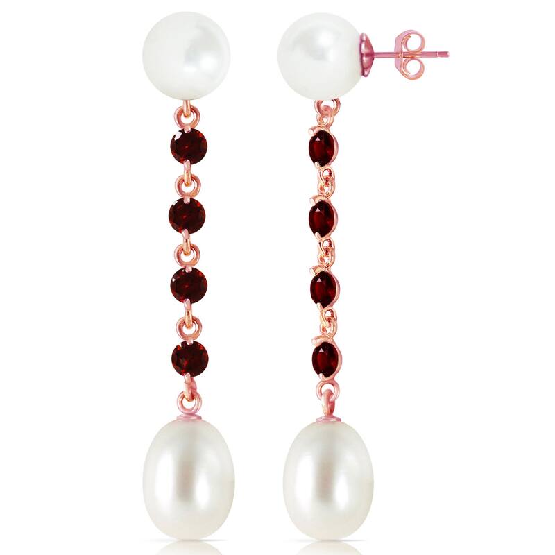 14K Solid Gold Chandelier Gemstone Earrings w/ Garnets & Pearls - Rose