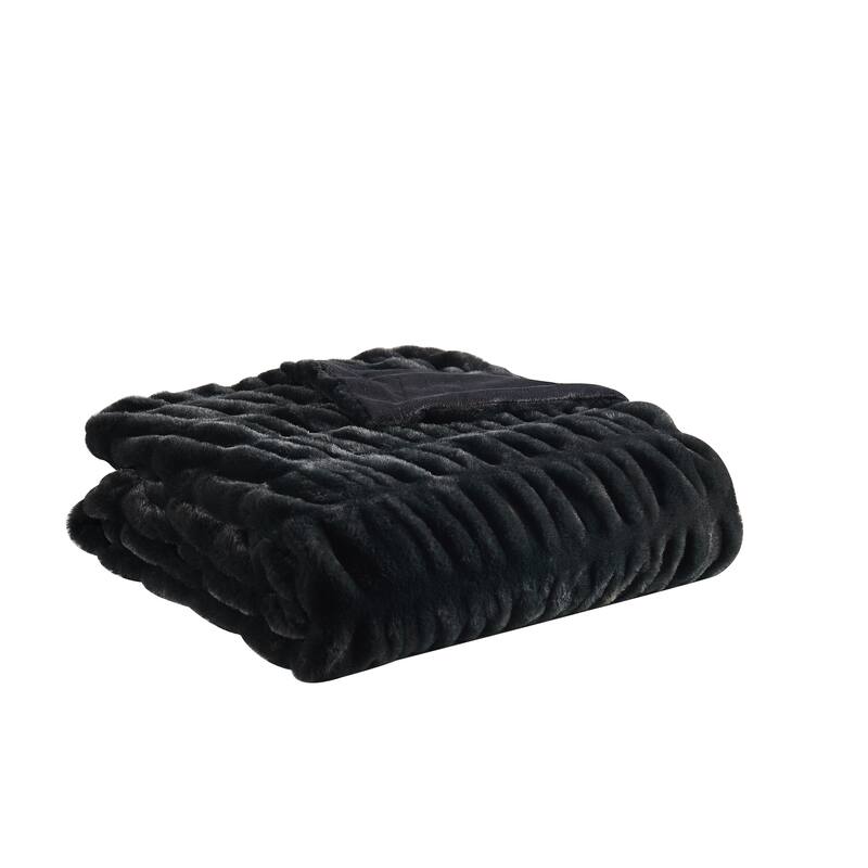 Badgley Mischka Home Ruched Faux Rabbit Fur 50x70 Throw in Gift Box - Black