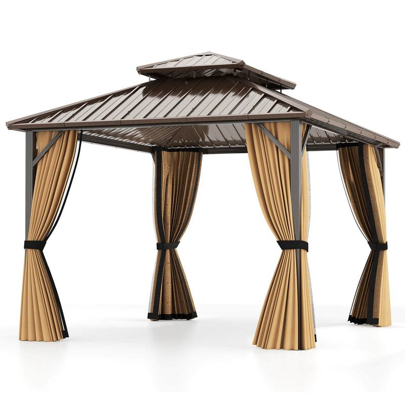 Costway 12 x 10 FT Hardtop Gazebo with Netting Heavy-Duty Double-Roof - Coffee