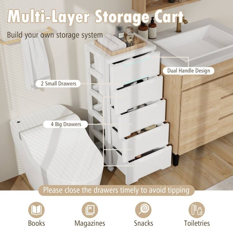 Multi-Drawer White PP Mobile Storage Organizer with Locking Wheels for Bathroom or Kids Room