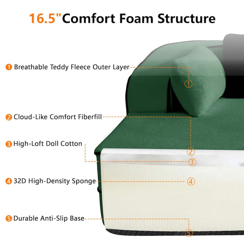 Roomfitters No Assembly Modular Sofa, 106 Inch Teddy Fabric Floor Couch with Chaise, Green