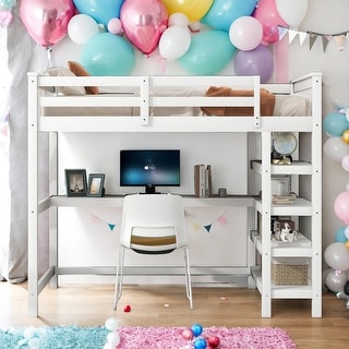 Modern Full Size Loft Bed With Shelves And Under-bed Desk,Stable Guardrails for Bedroom